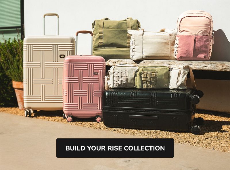 rise collection: hardside luggage, weekender, backpack, everyday tote, crossbody bag, and bottle pouch in Aloe, Mahogany Rose, Vanilla Creme, and Black