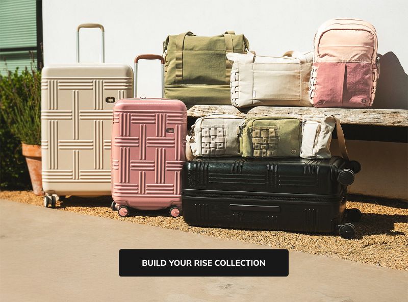 rise collection: hardside luggage, weekender, backpack, everyday tote, crossbody bag, and bottle pouch in Aloe, Mahogany Rose, Vanilla Creme, and Black