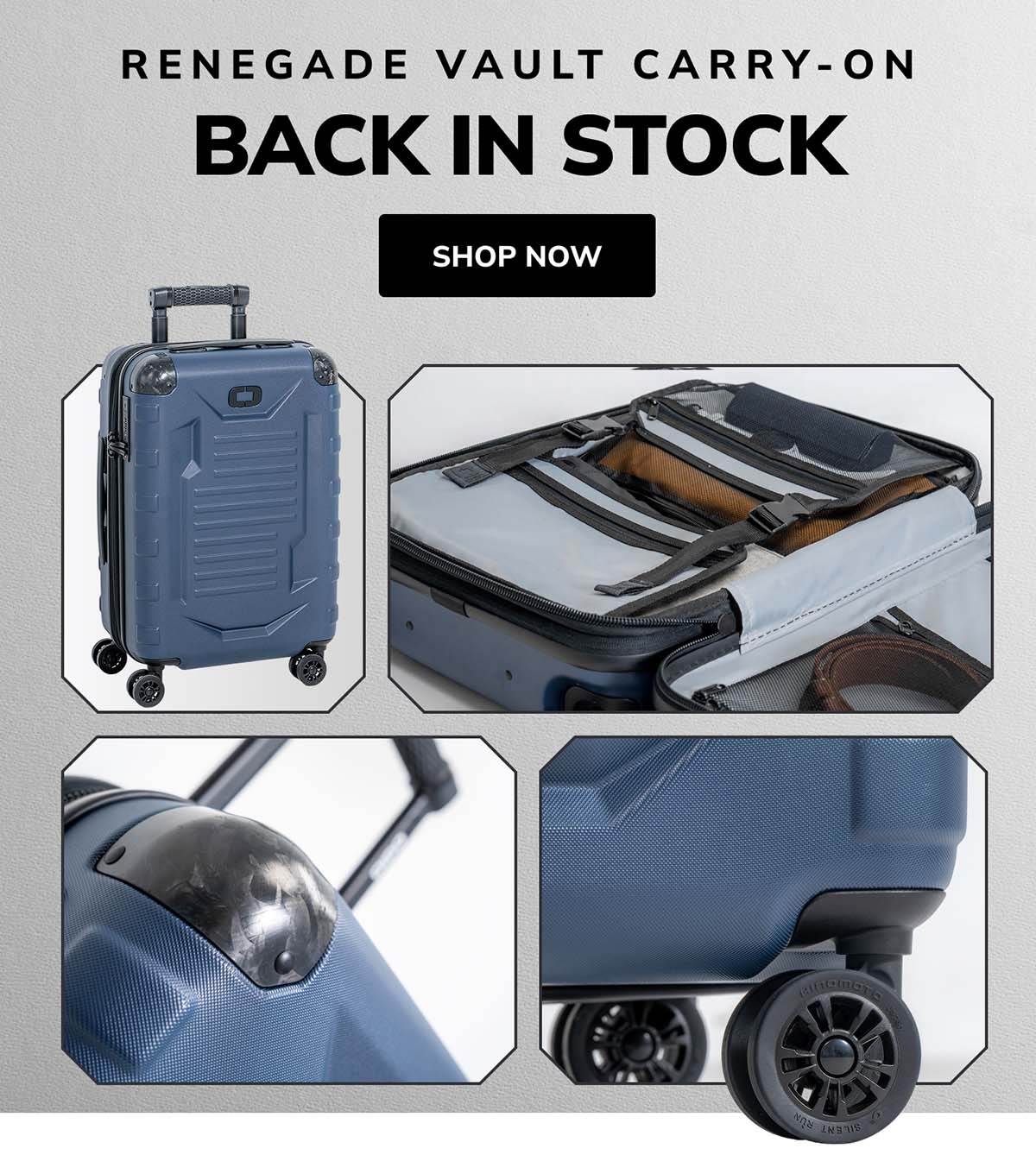 Vault carry-on hardside luggage with interior organization, corner protectors, and durable 360 degree wheels