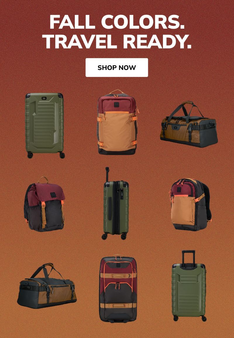 Fall Colors. Travel Ready. Various suitcases, backpacks and duffels in fall shades of green, red, and tan colors.