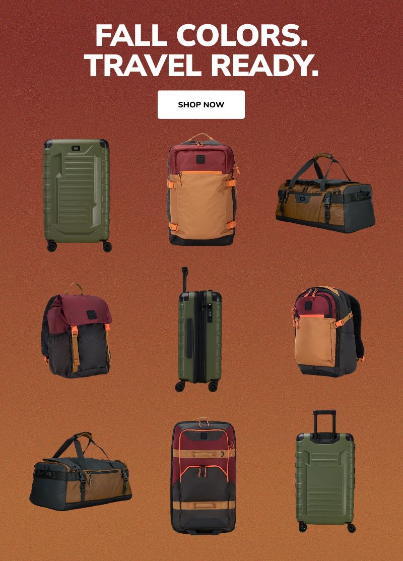 Fall Colors. Travel Ready. Various suitcases, backpacks and duffels in fall shades of green, red, and tan colors.