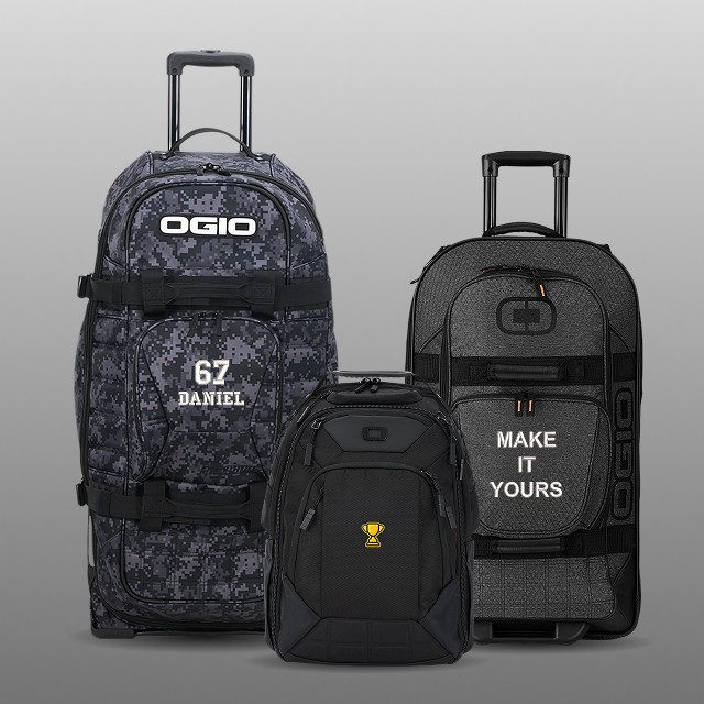 luggage and backpacks featuring custom patches and text