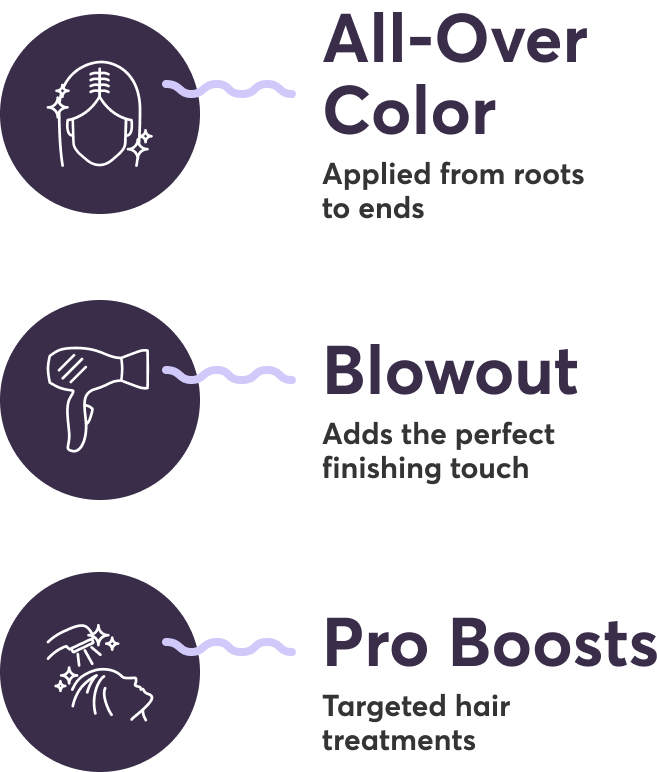 All-Over Color: Applied from roots to ends | Blowout: Adds the perfect finishing touch | Pro Boosts: Targeted hair treatments