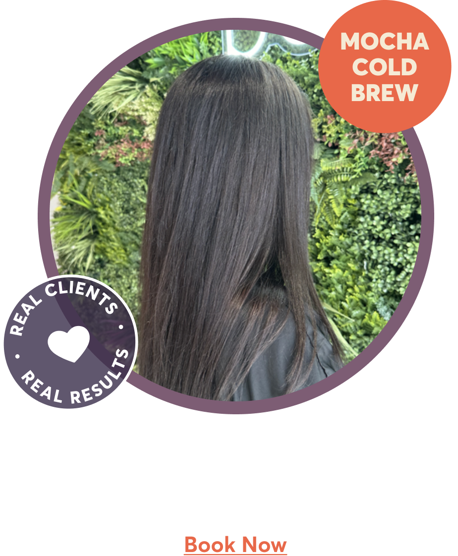 Mocha cold brew | Our featured service, All-Over Color + Blowout, helps blend grays and achieve a deep chocolatey look. | Book Now