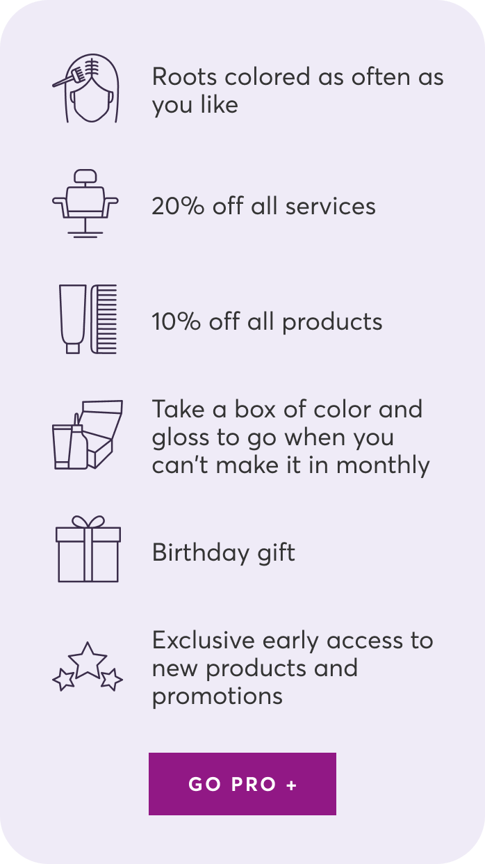 Roots colored as often as you like | 20% off all services | 10% off all products | Take a box of color and gloss to go when you can’t make it in monthly | Birthday gift | Exclusive early access to new products and promotions | GO PRO