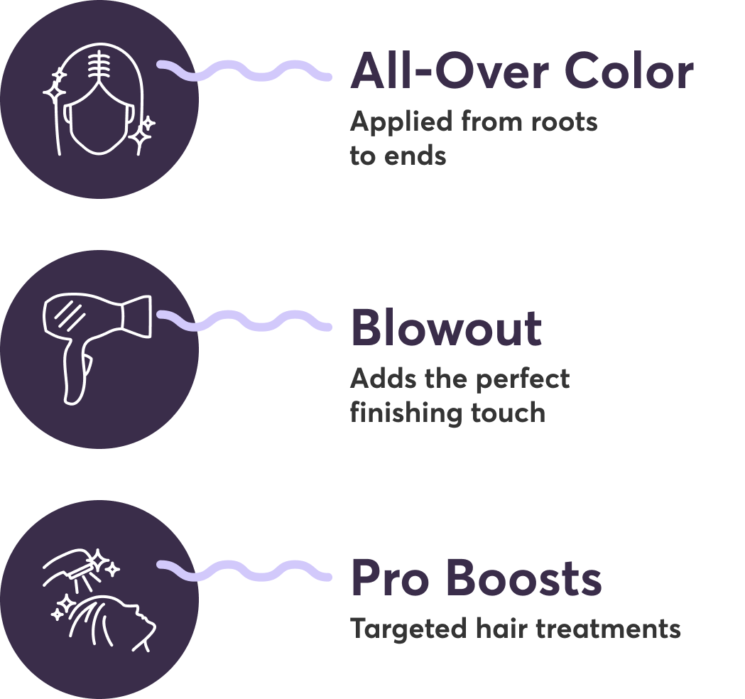 All-Over Color: Applied from roots to ends | Blowout: Adds the perfect finishing touch | Pro Boosts: Targeted hair treatments