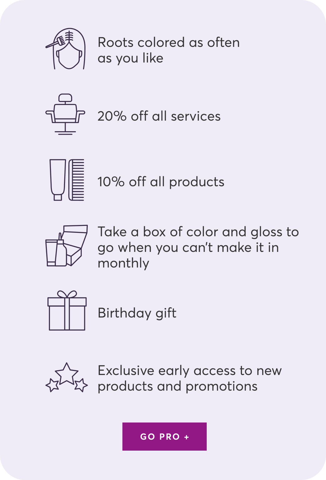 Roots colored as often as you like | 20% off all services | 10% off all products | Take a box of color and gloss to go when you can’t make it in monthly | Birthday gift | Exclusive early access to new products and promotions | GO PRO