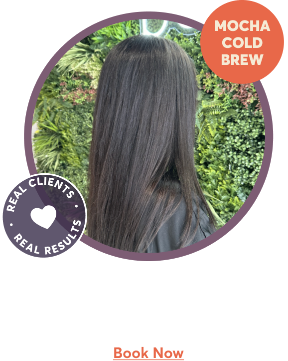 Mocha cold brew | Our featured service, All-Over Color + Blowout, helps blend grays and achieve a deep chocolatey look. | Book Now