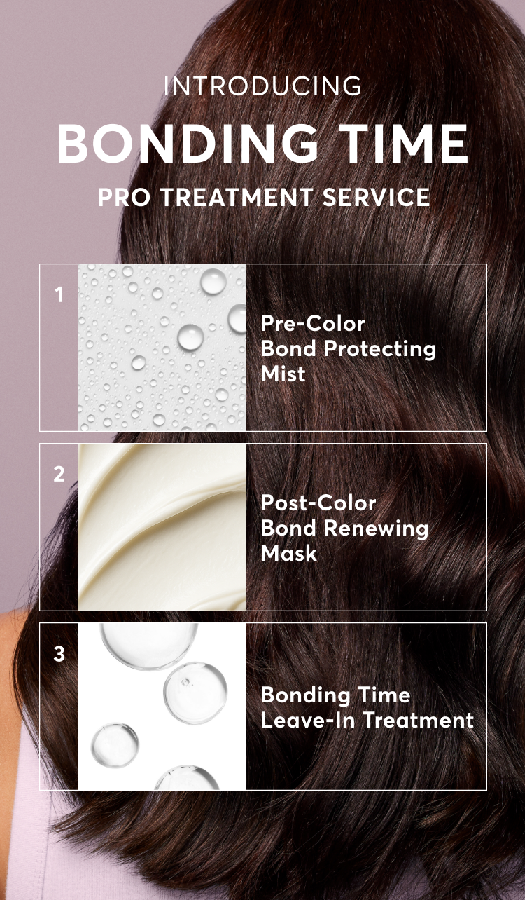 Introducing bonding time pro treatment service | 1 - Pre-Color Bond Protecting Mist | 2 - Post-Color Bond Renewing Mask | 3 - Bonding Time Leave-In Treatment