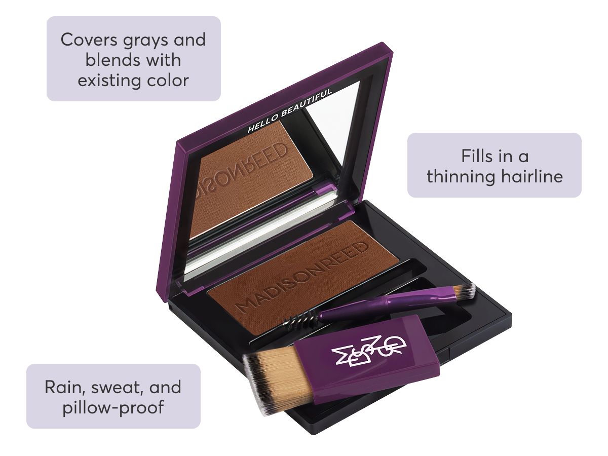 Covers grays and blends with existing color | Fills in a thinning hairline | Rain, sweat, and pillow-proof