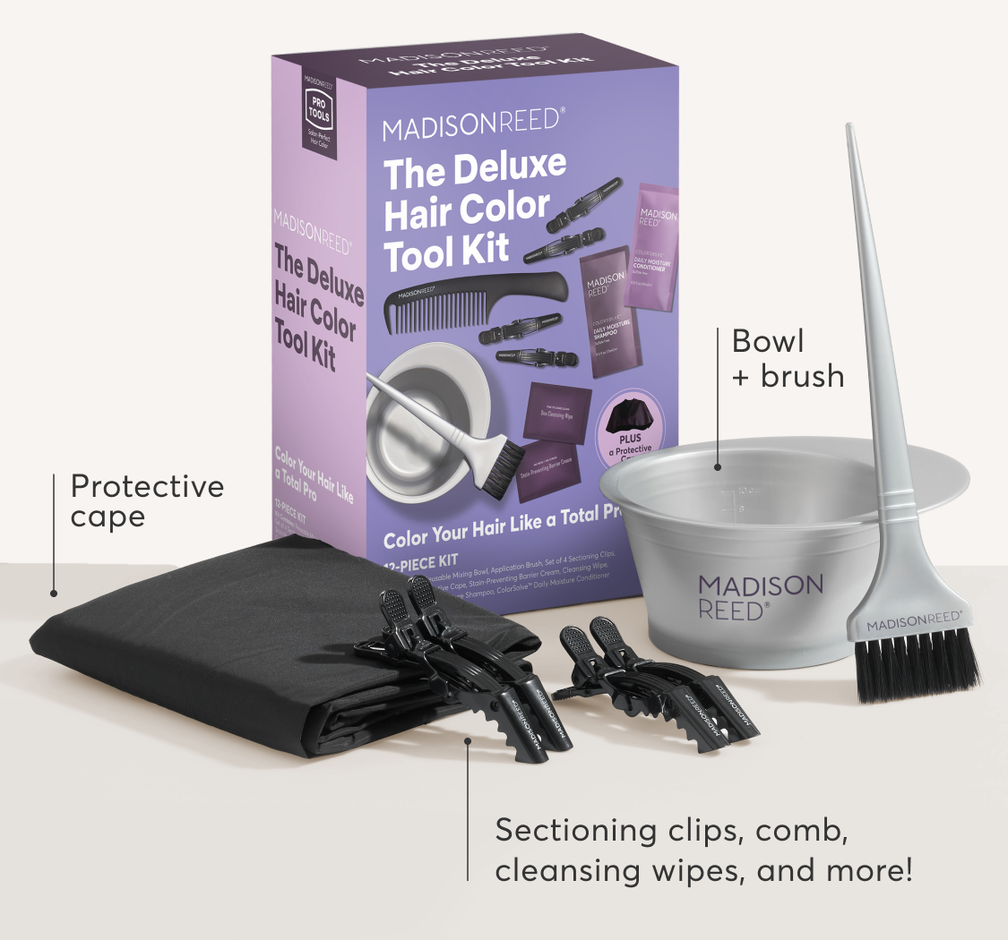 Protective cape | Bowl + brush | Sectioning clips, comb, cleansing wipes, and more!