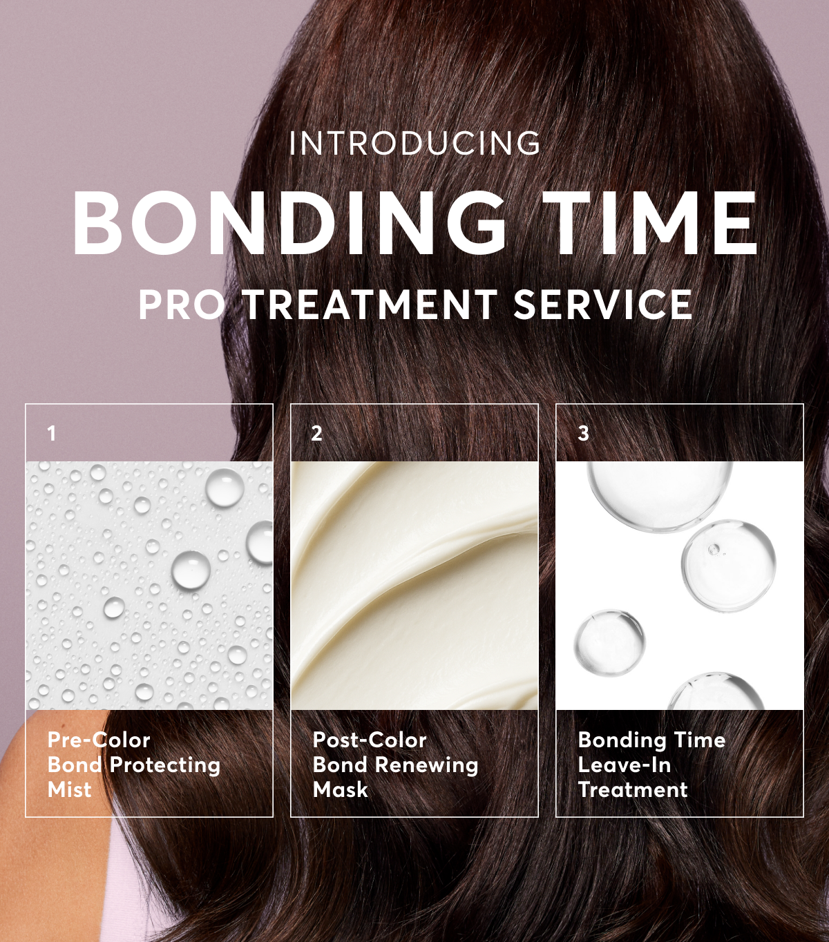 Introducing bonding time pro treatment service | 1 - Pre-Color Bond Protecting Mist | 2 - Post-Color Bond Renewing Mask | 3 - Bonding Time Leave-In Treatment