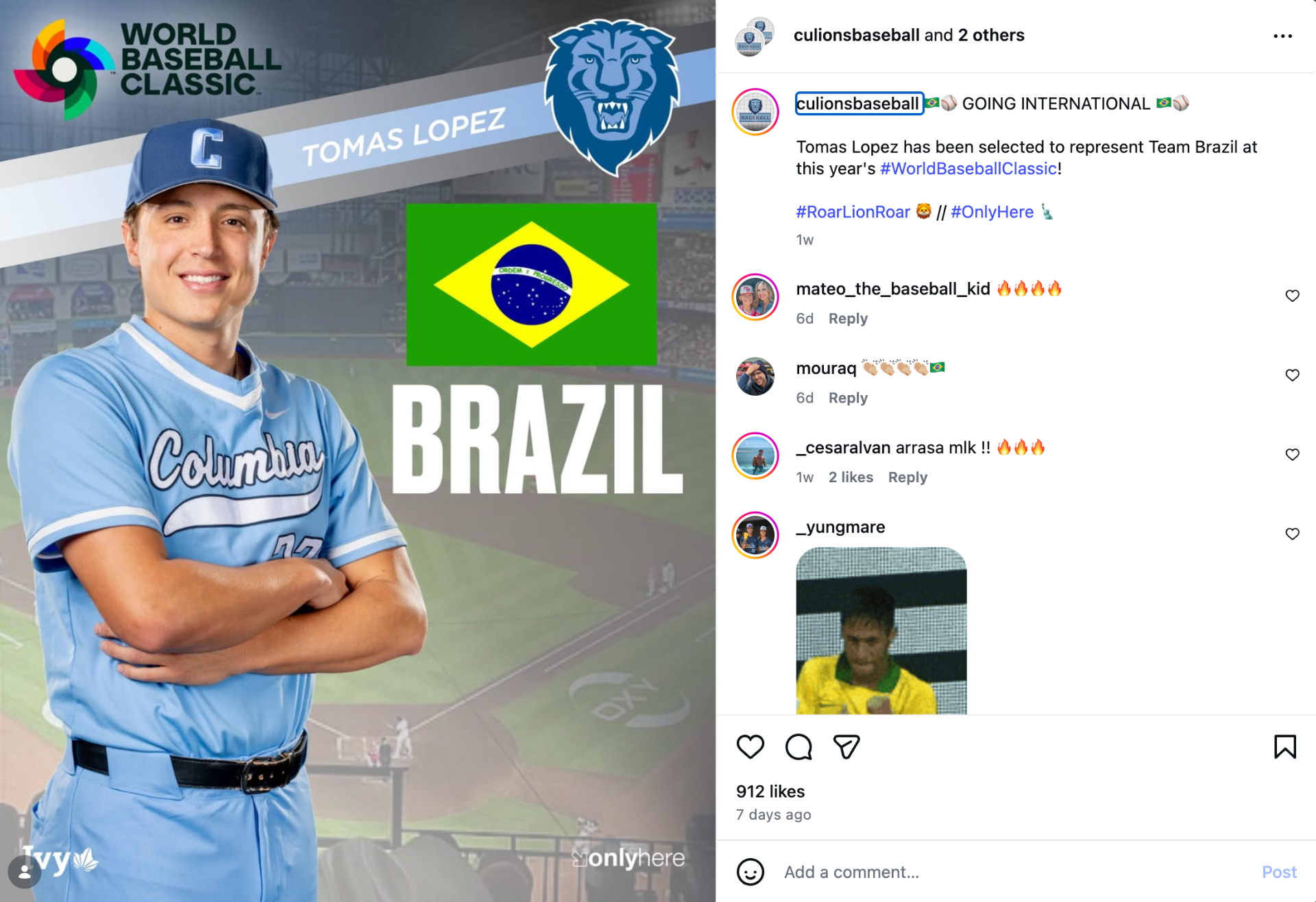 Tomas Lopez will join Team Brazil in Houston next month. Screengrab via @culionsbaseball. Click photo to view post.