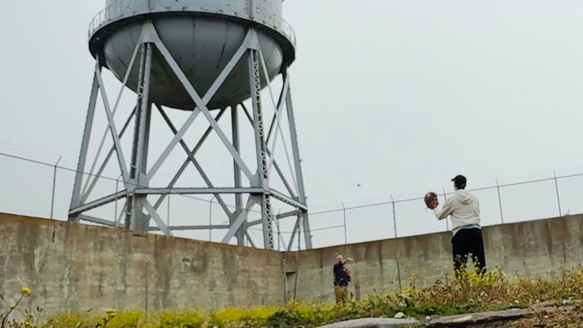 Playing catch at Alcatraz