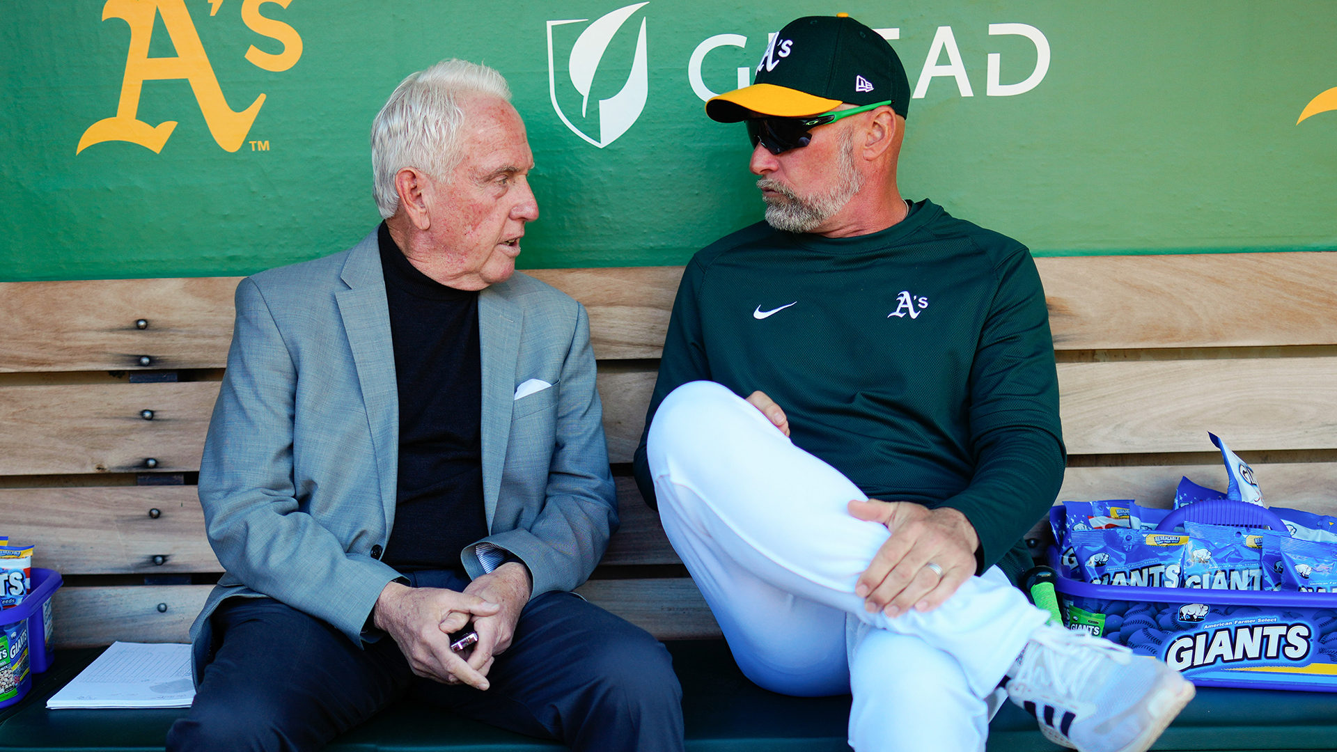 Ken Korach and A's manager Mark Kotsay