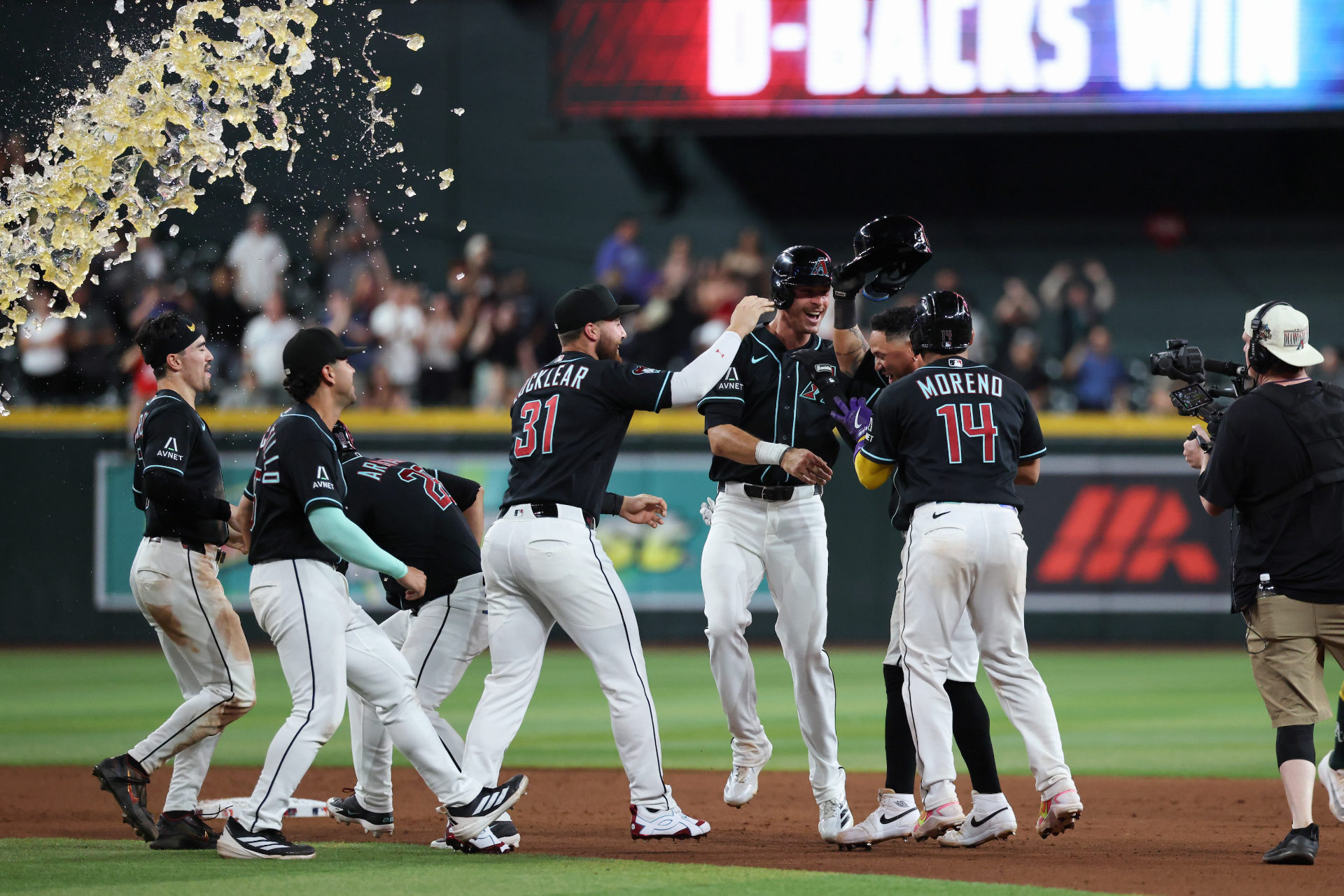 The D-backs celebrate a walk-off victory