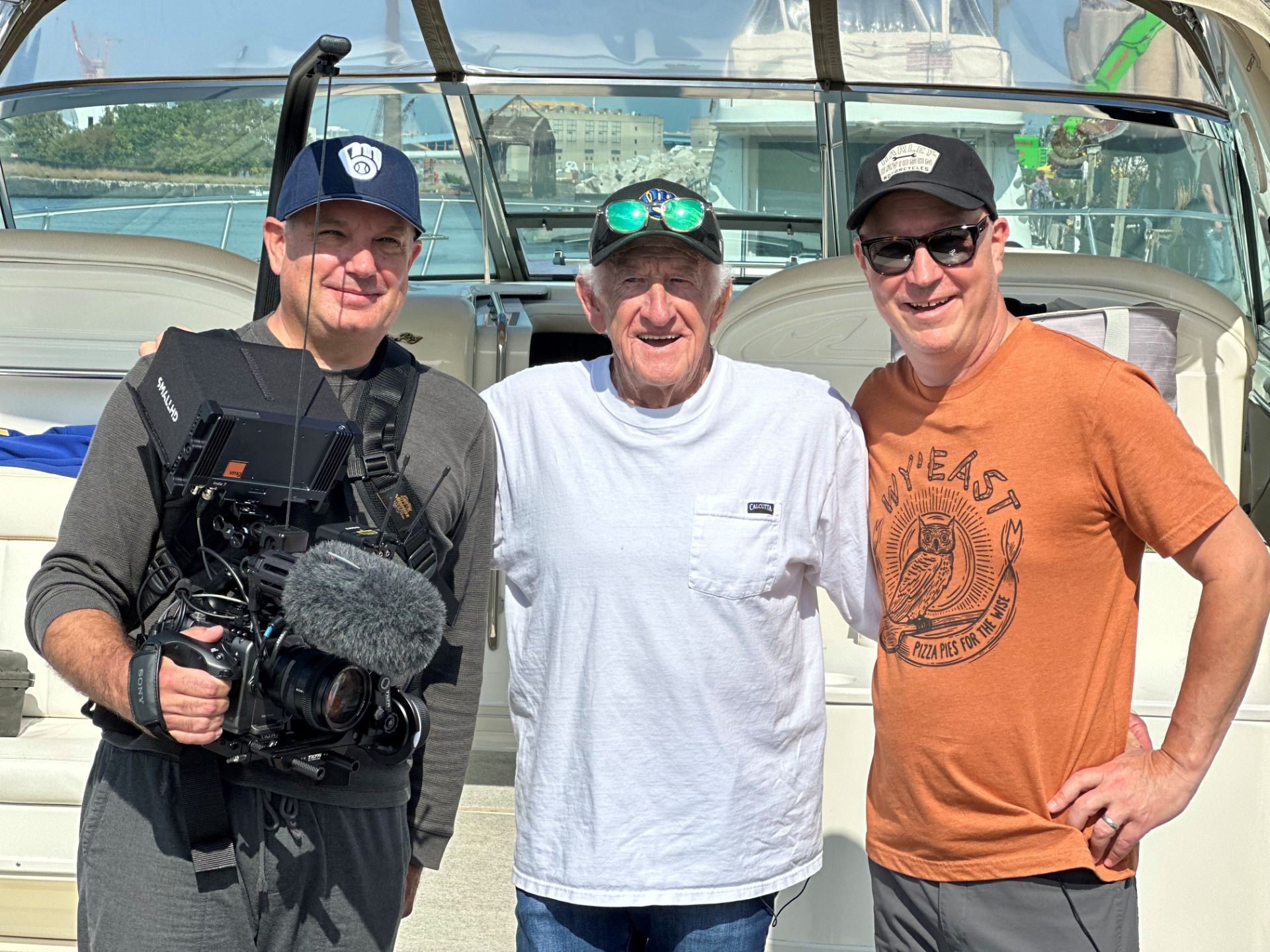 Joe Picciolo (left) and Steve Farr (right) with Bob Uecker
