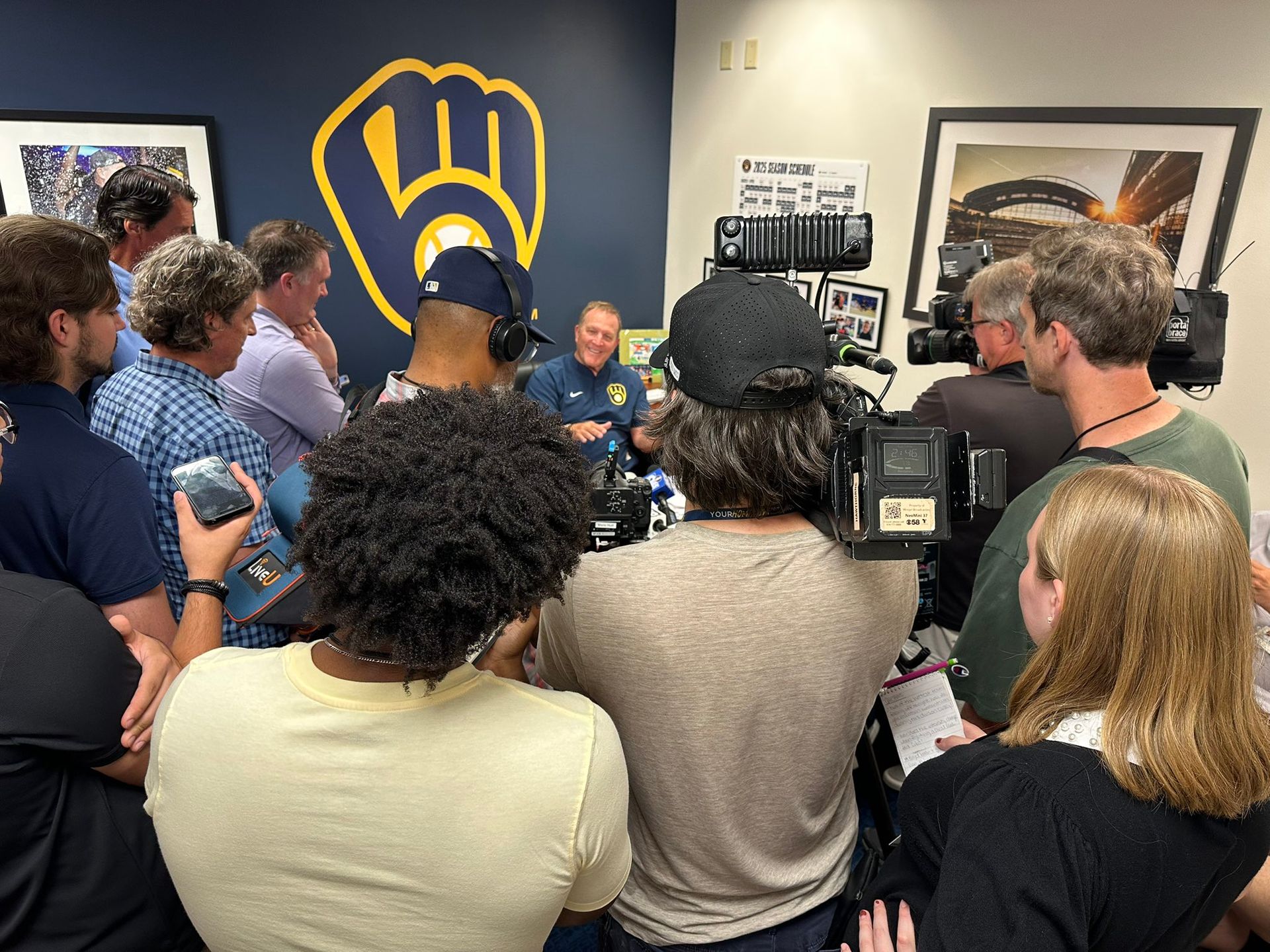 Media scrum in Pat Murphy's office