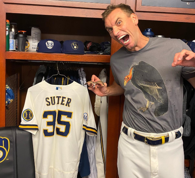 Brent Suter, in 2021, with his 'Vulture' shirt