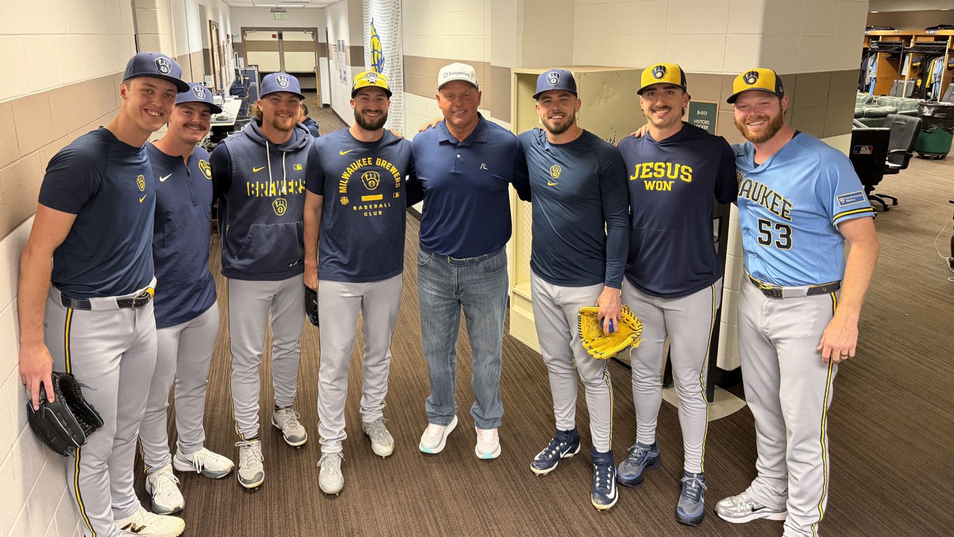 Brewers pitchers meet Roger Clemens (middle)