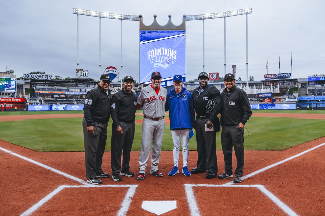 Chad and Drew Epperson with umpires (L to R) Laz Diaz, Malachi Moore, James Jean and Erich Bacchus (Courtesy of Drew Epperson)