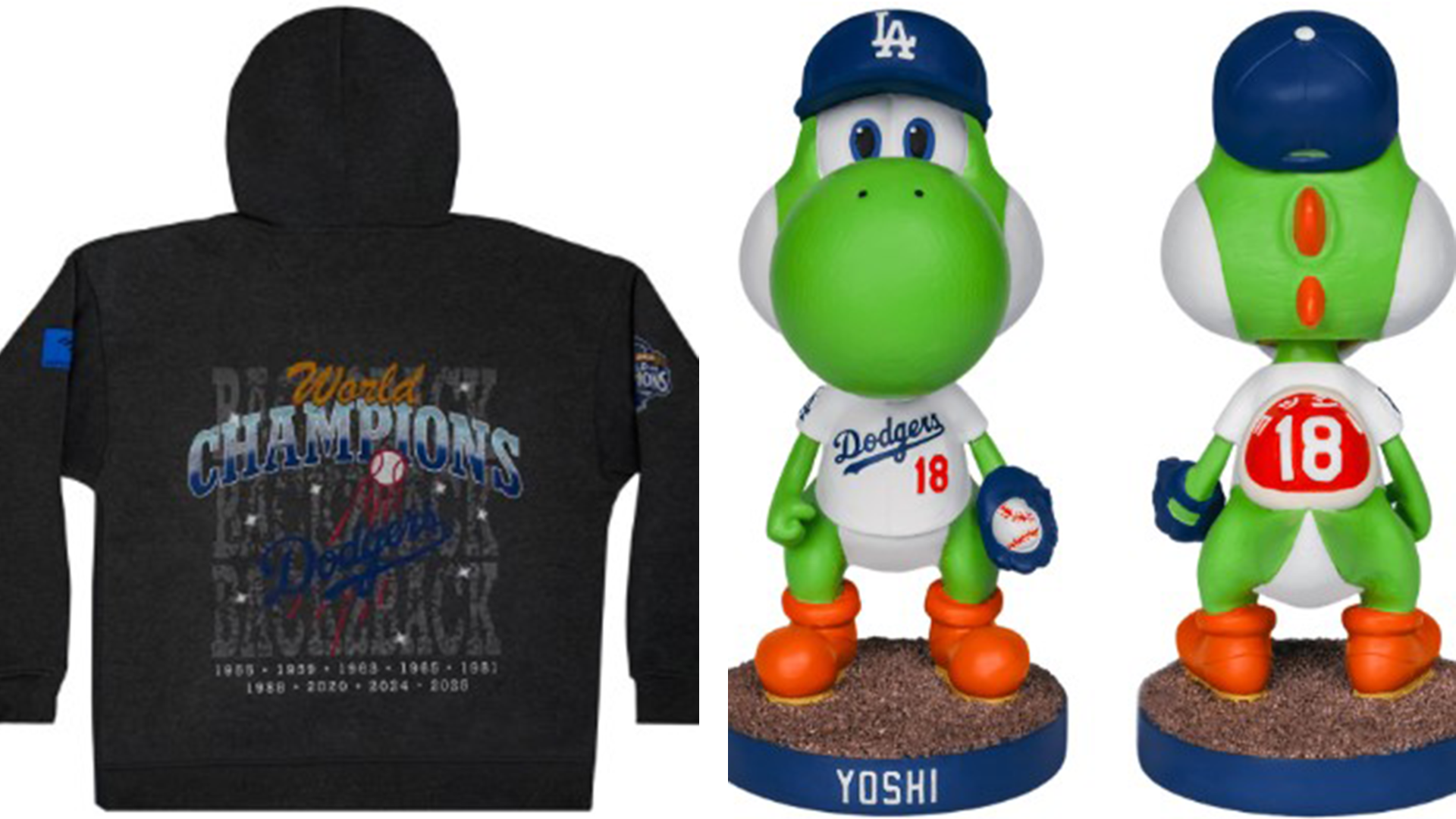 Back-to-back World Series champions hoodie and Yoshi bobblehead