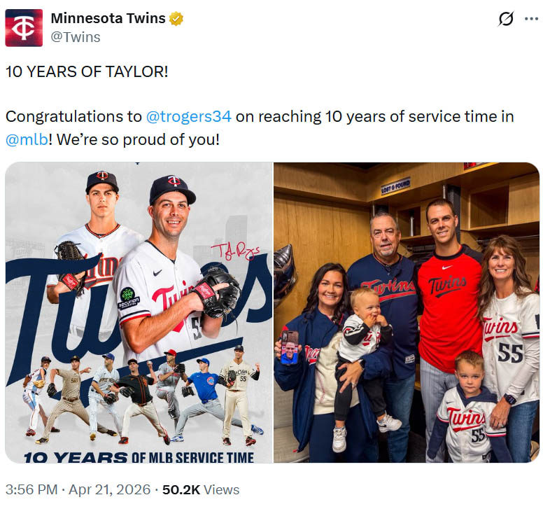 Taylor Rogers celebrates 10 years of MLB service time