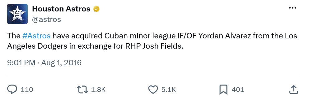 Astros acquire Yordan Alvarez post