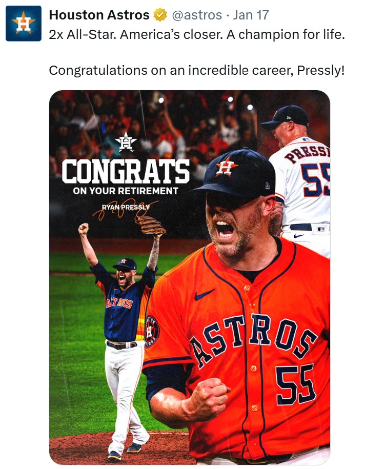Ryan Pressly congratulations post