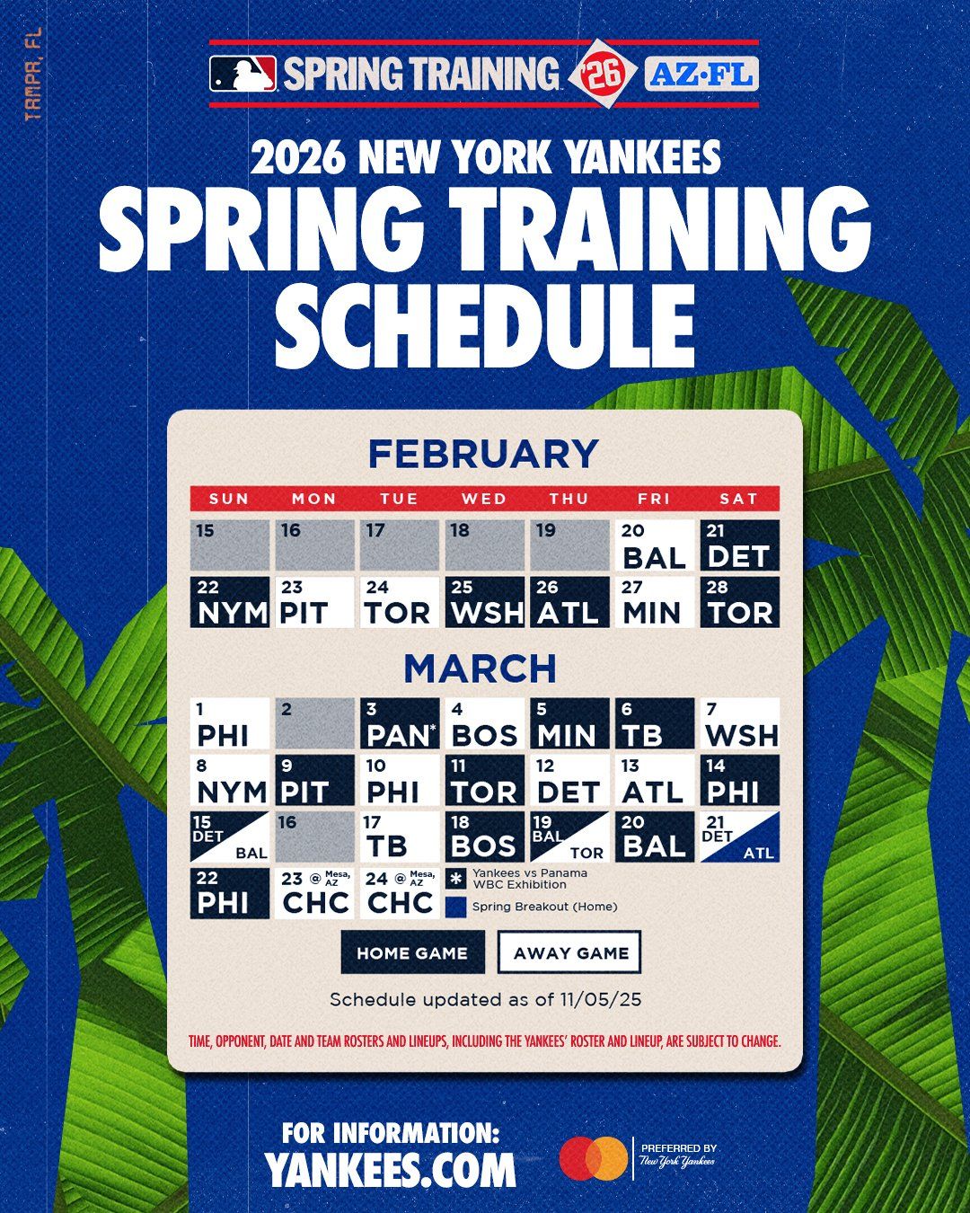 Yankees' 2026 Spring Training schedule
