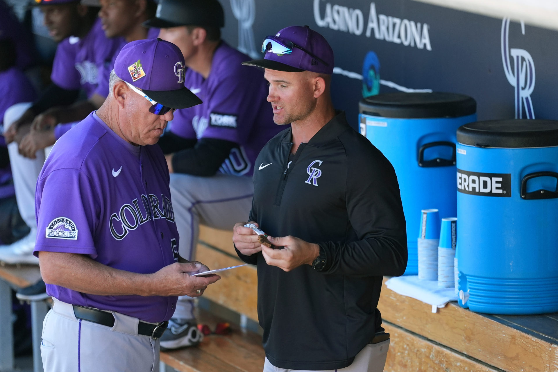 Warren Schaeffer and assistant bench coach Ronnie Gideon (left)