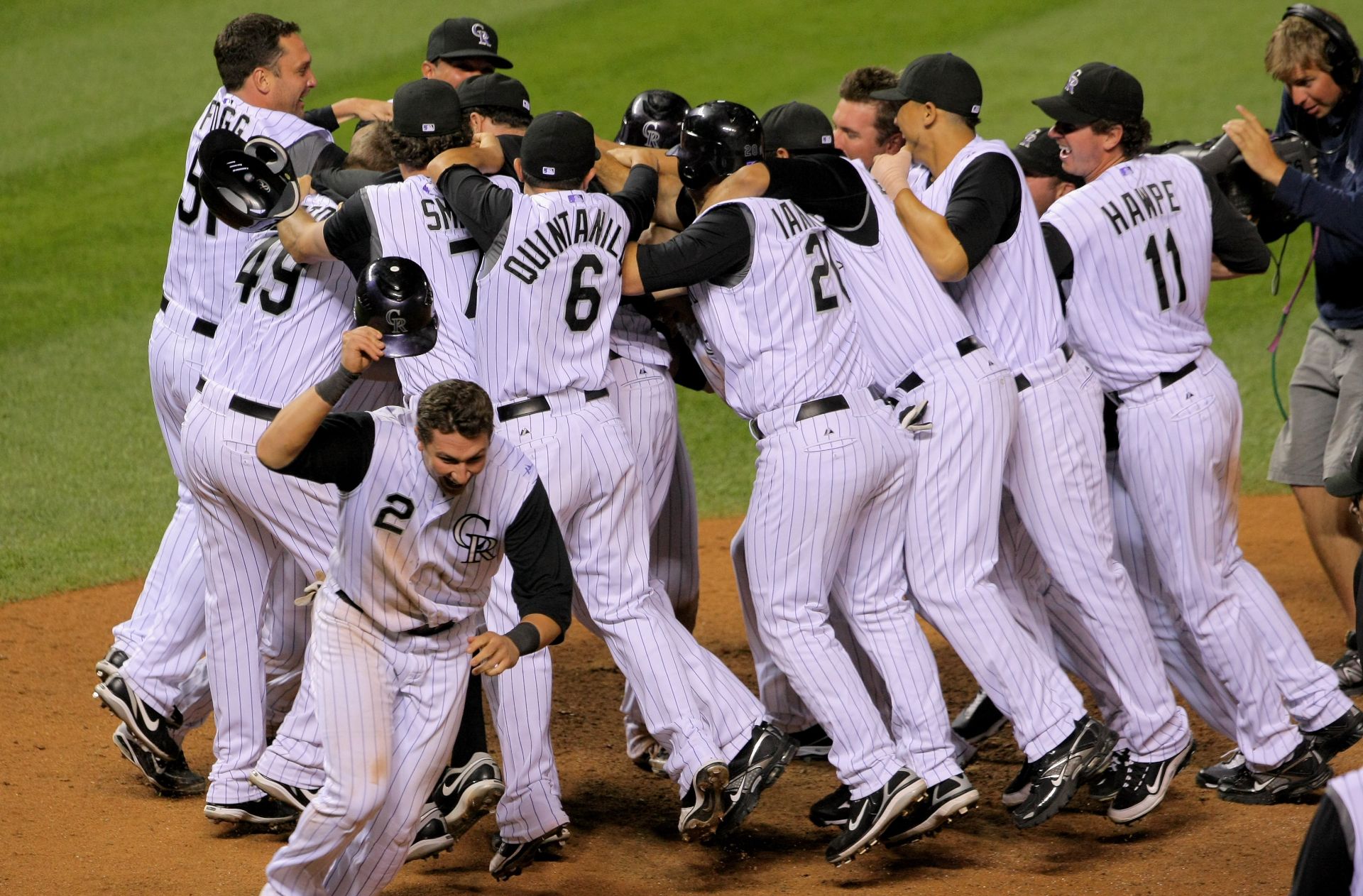Rockies celebrate Ryan Spilborghs' walk-off