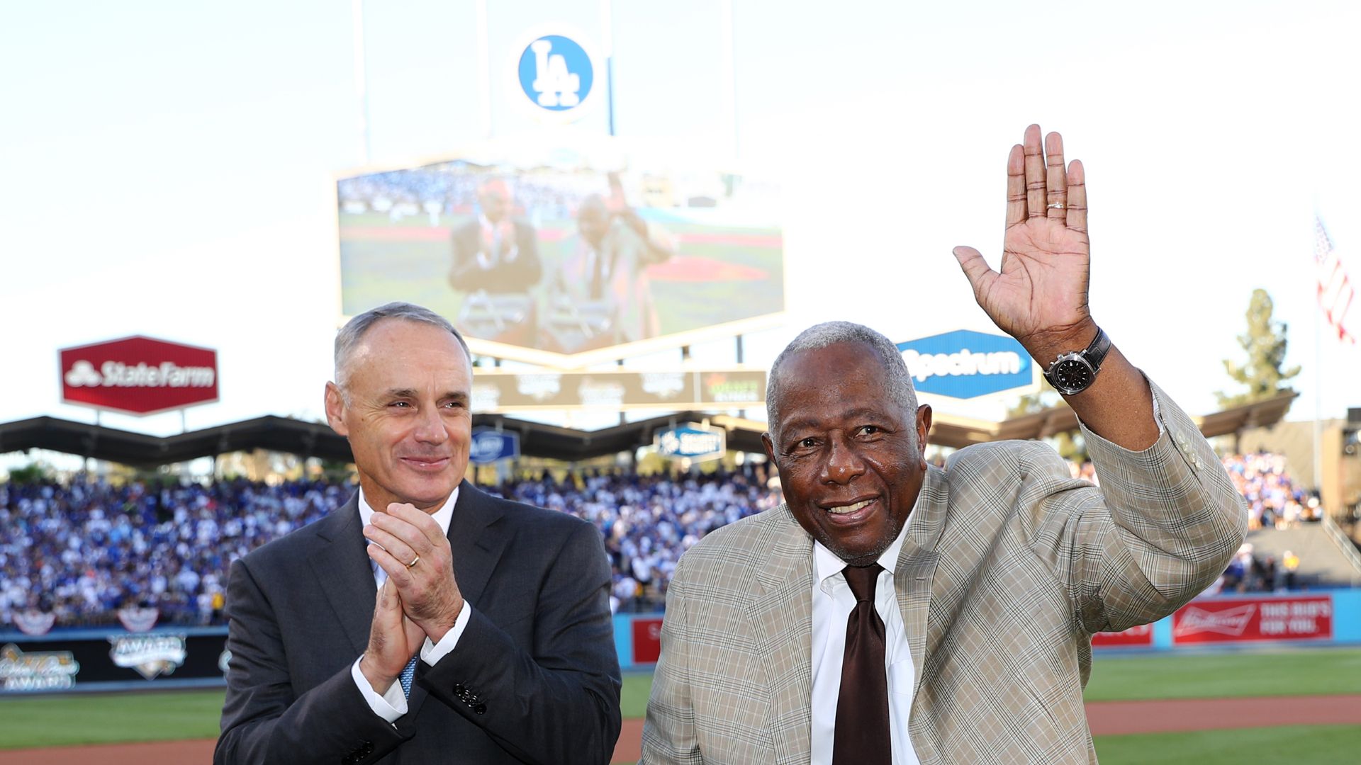 MLB Commissioner Robert D. Manfred Jr. and Hall of Famer Hank Aaron at Dodger Stadium