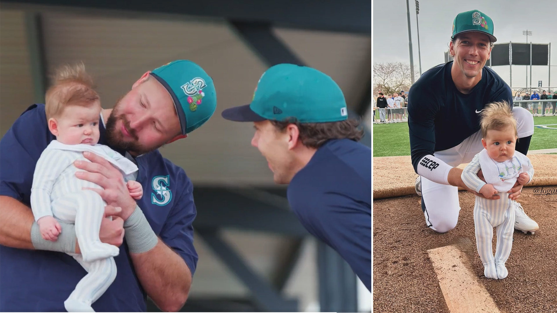 Cal Raleigh holding Logan Gilbert's child, Henry