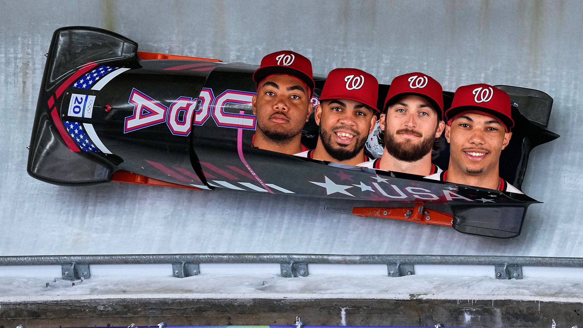 James Wood, Luis García Jr., Dylan Crews and Daylen Lile's faces on a Team USA bobsled