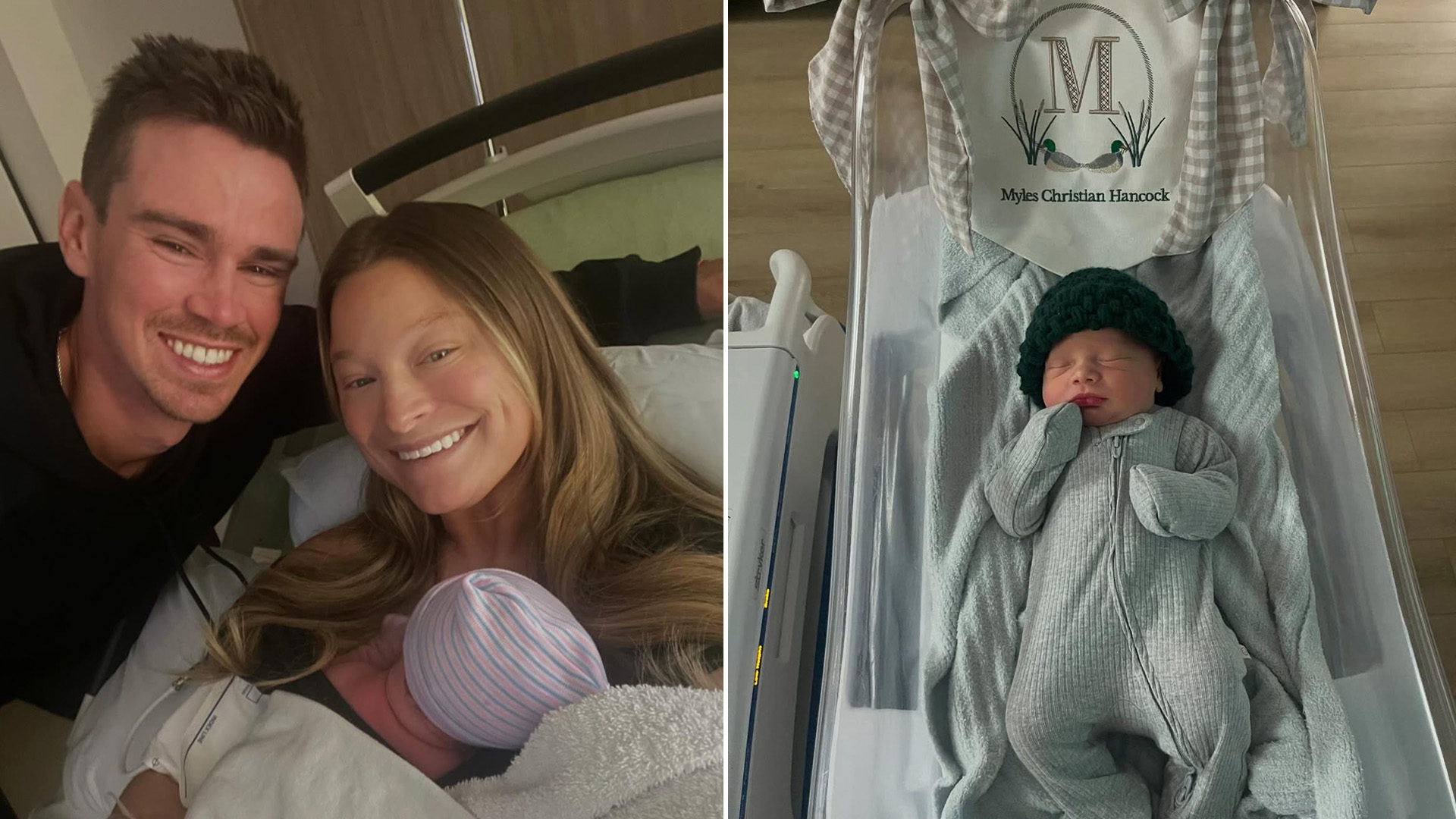 Emerson Hancock and his wife, Haylie, with their first child, Myles