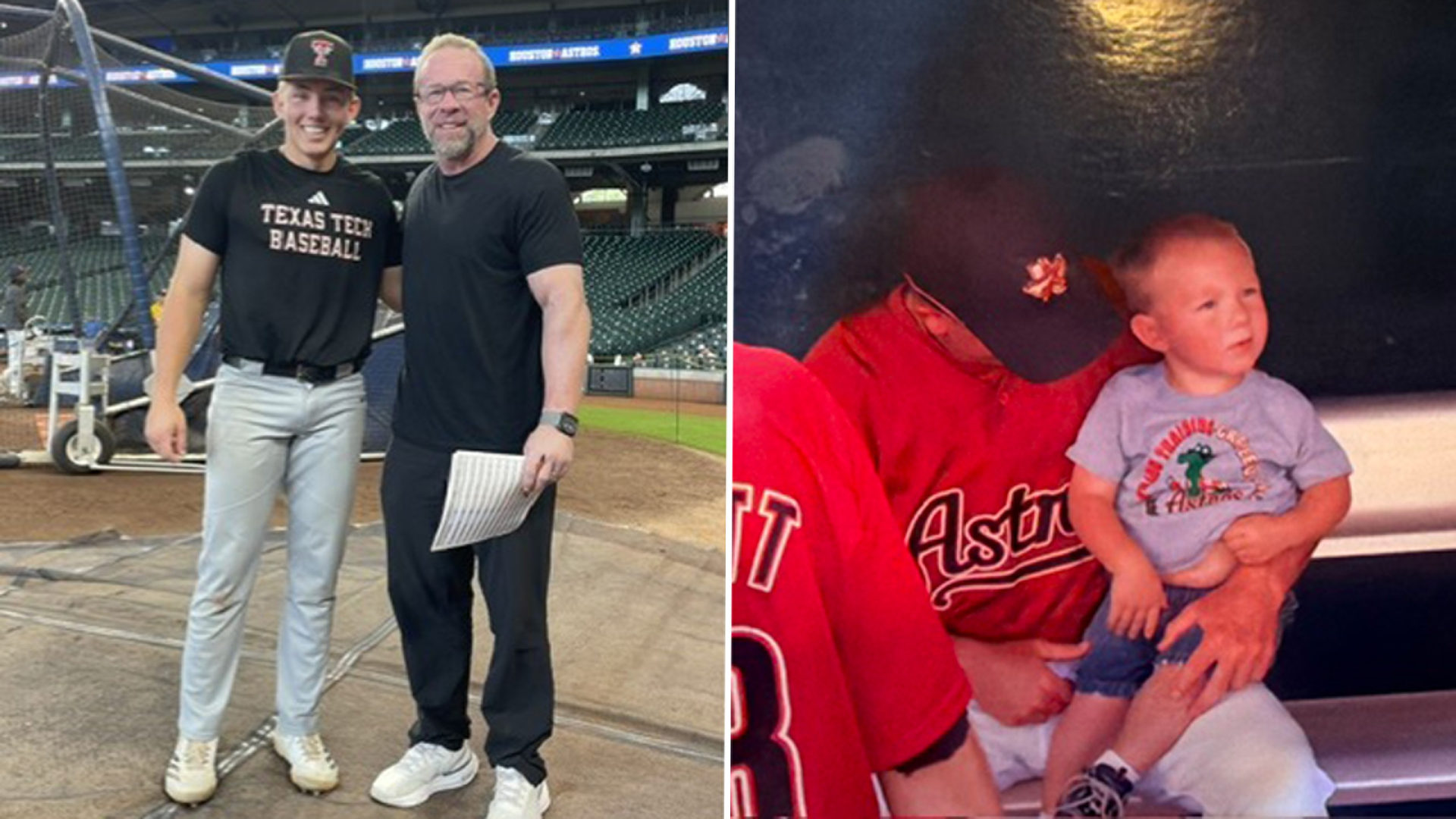 Logan Hughes with Jeff Bagwell; Young Logan Hughes in Astros dugout