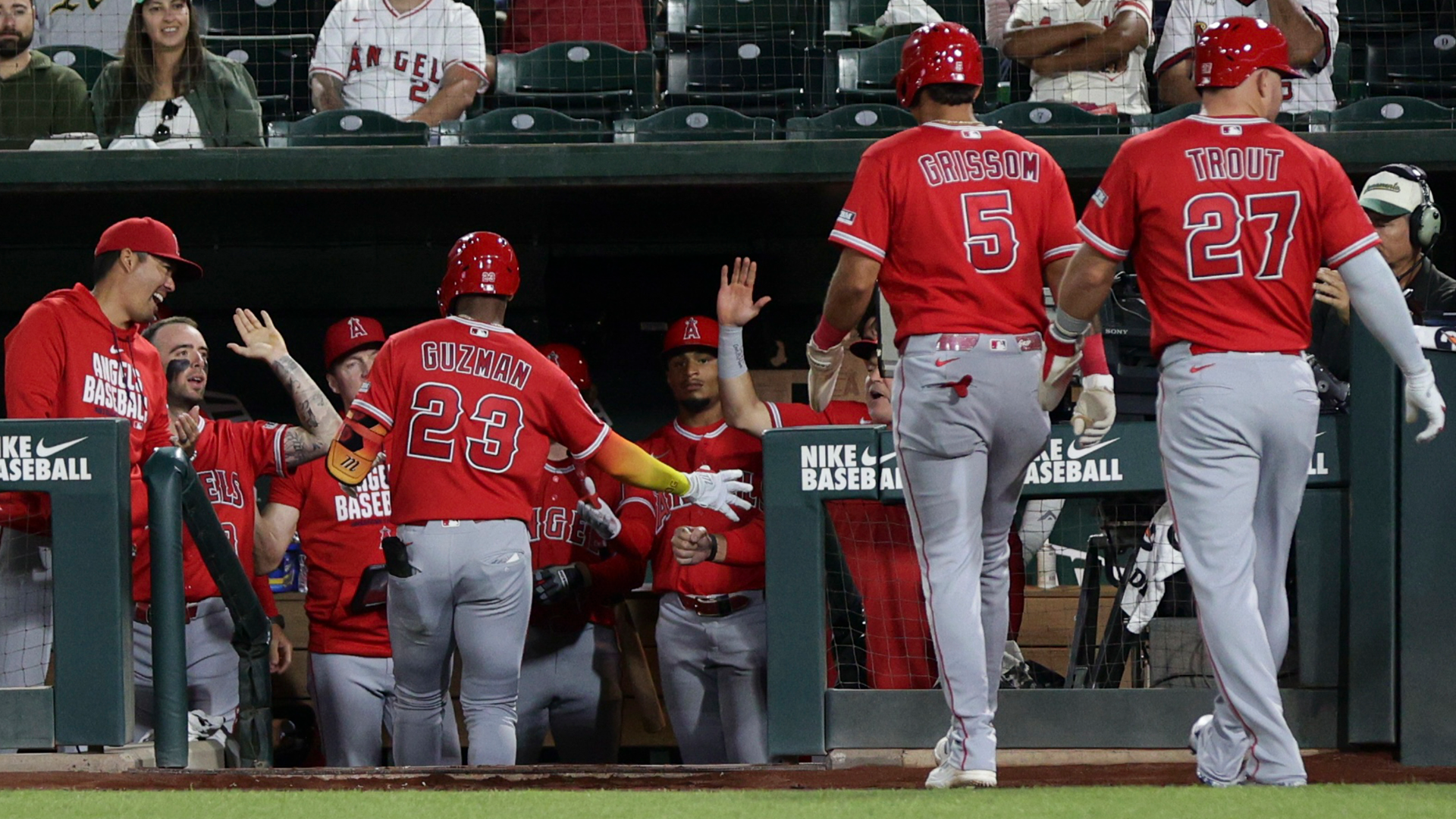 Angels celebrate Denzer Guzman's three-run homer