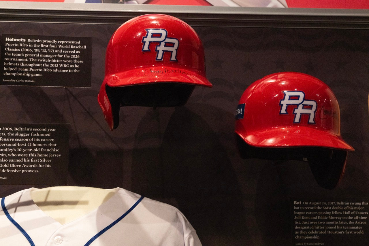 Carlos Beltrán's Puerto Rico batting helmets on display. Milo Stewart Jr./National Baseball Hall of Fame and Museum