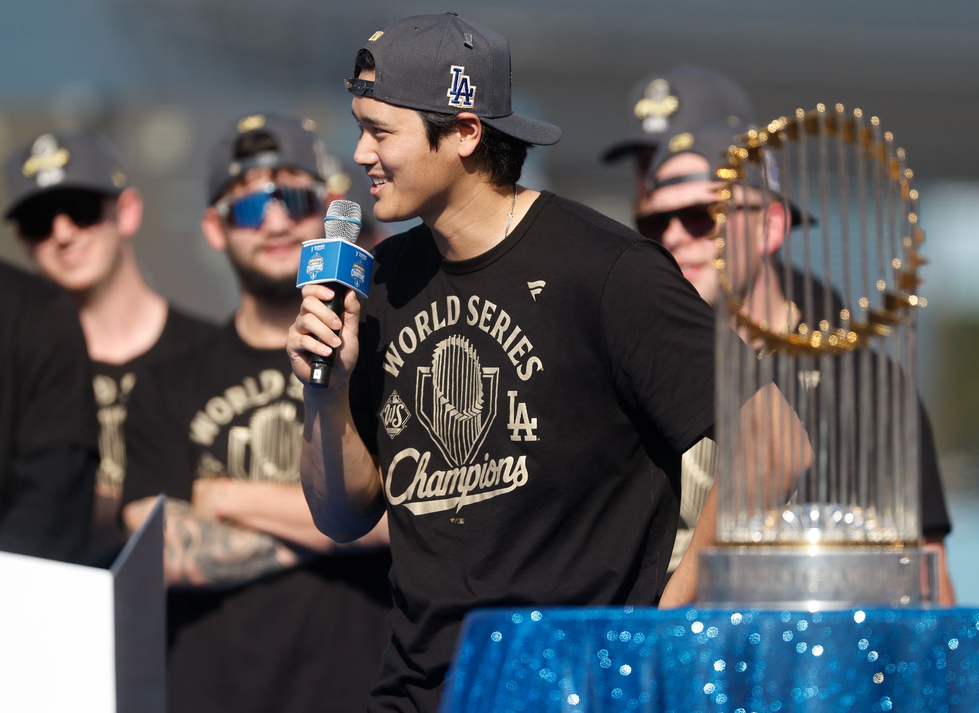 Shohei Ohtani speaks at the Dodgers' 2025 post-parade celebration