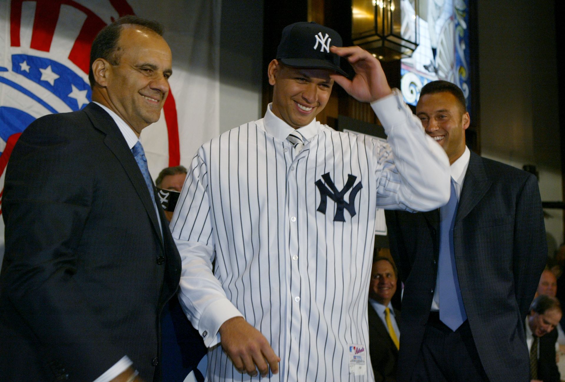 Joe Torre, Alex Rodriguez and Derek Jeter