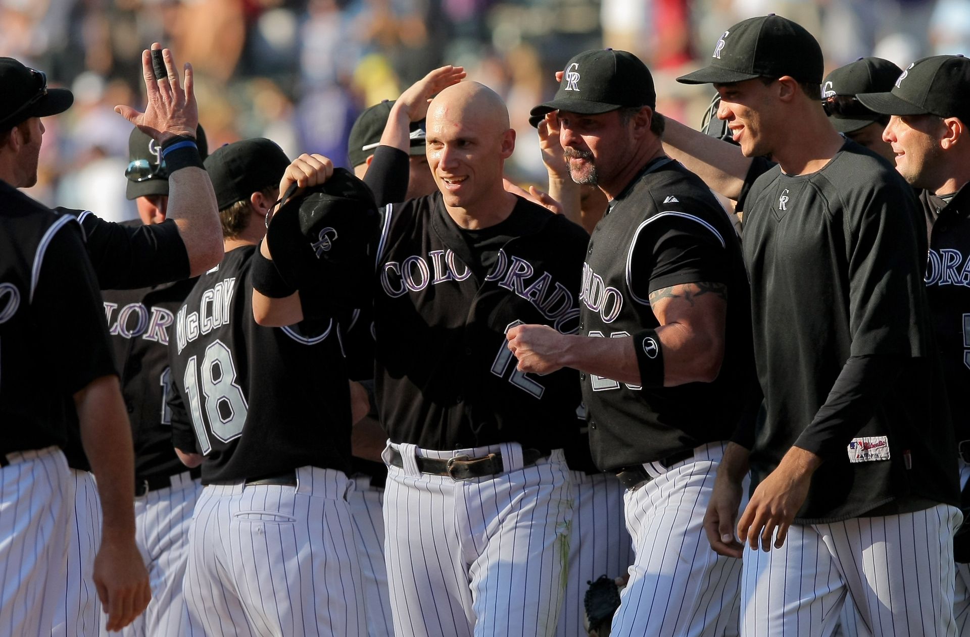 Rockies celebrate Clint Barmes' catch