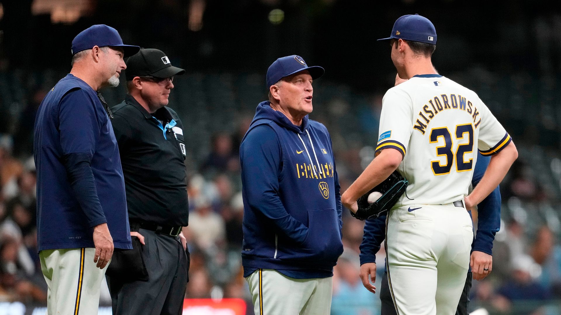 Jacob Misiorowski, pitching coach Chris Hook and manager Pat Murphy