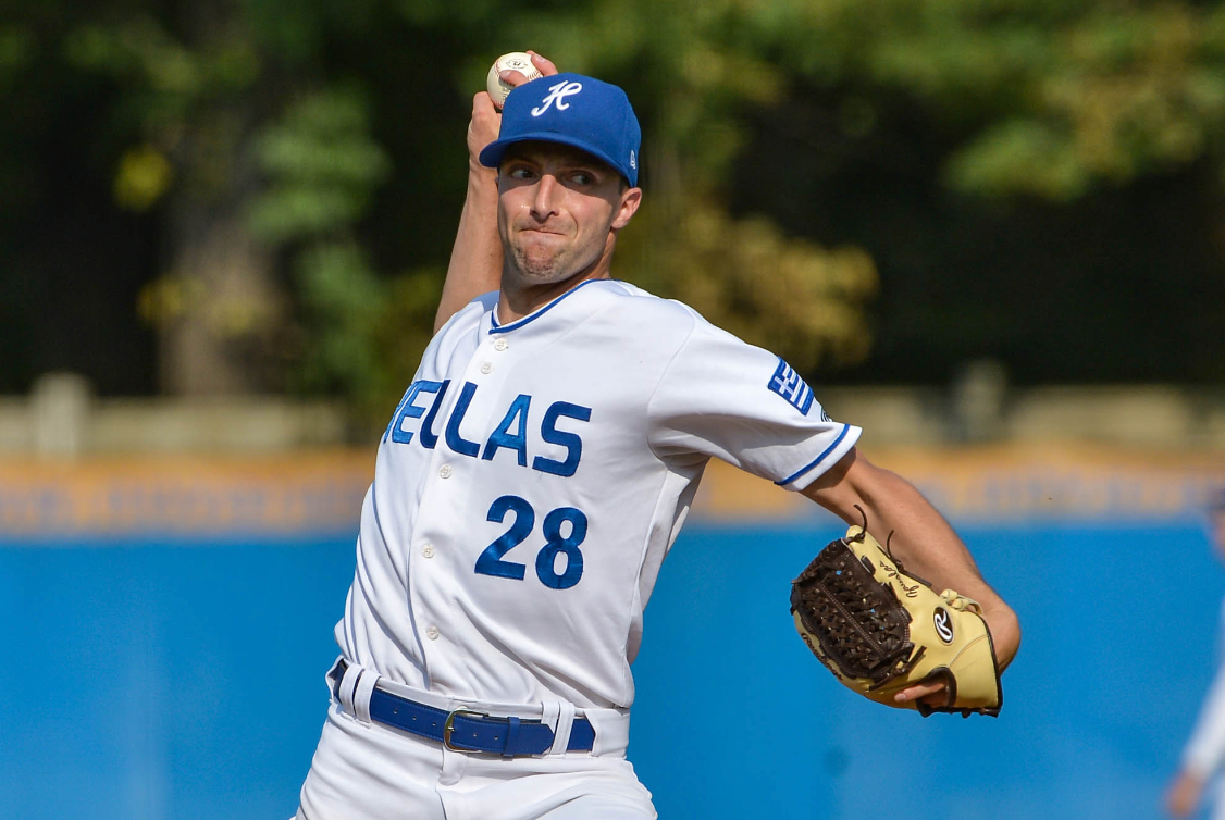 Noah Zavolas pitches for the Greek national team. Photo courtesy Noah Zavolas. 