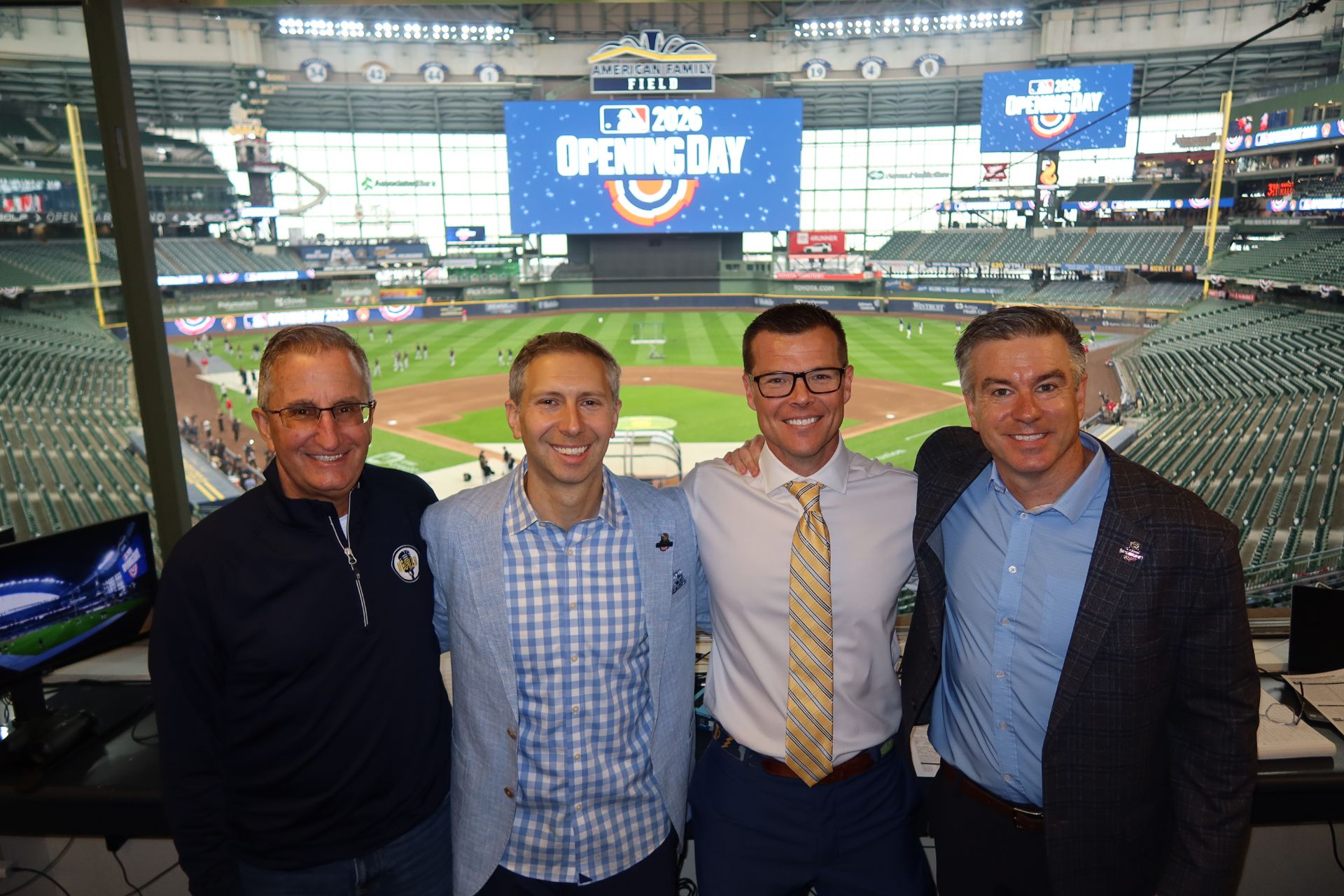 Brewers' radio crew, L to R: Engineer Kent Sommerfeld, Josh Maurer, Jeff Levering, Lane Grindle