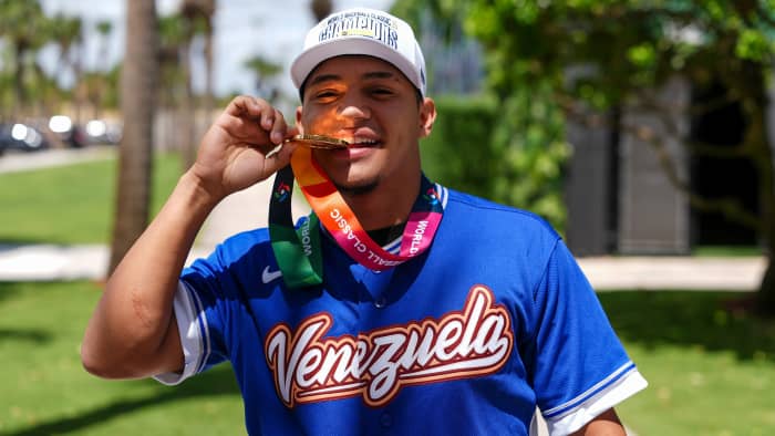 Javier Sanoja with his World Baseball Classic gold medal