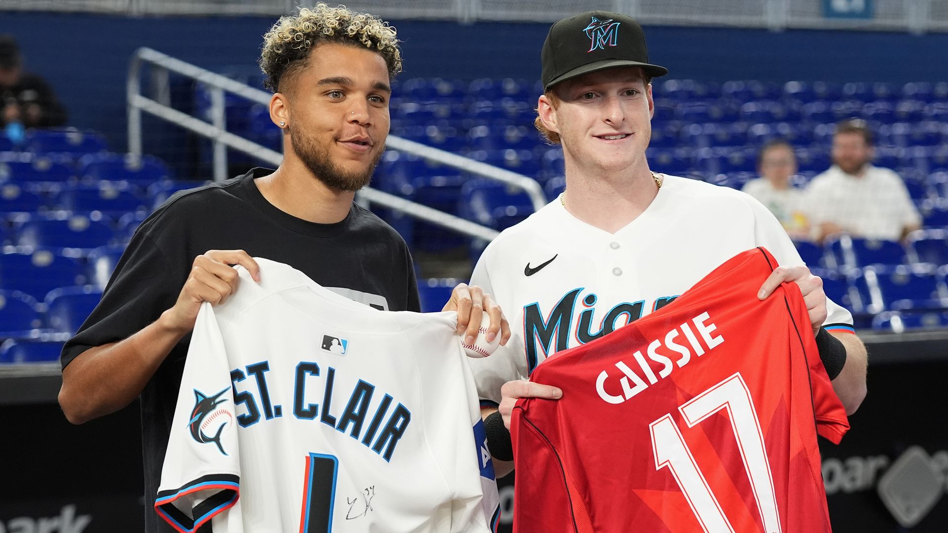 Owen Caissie (right) with Inter Miami goalkeeper Dayne St. Clair