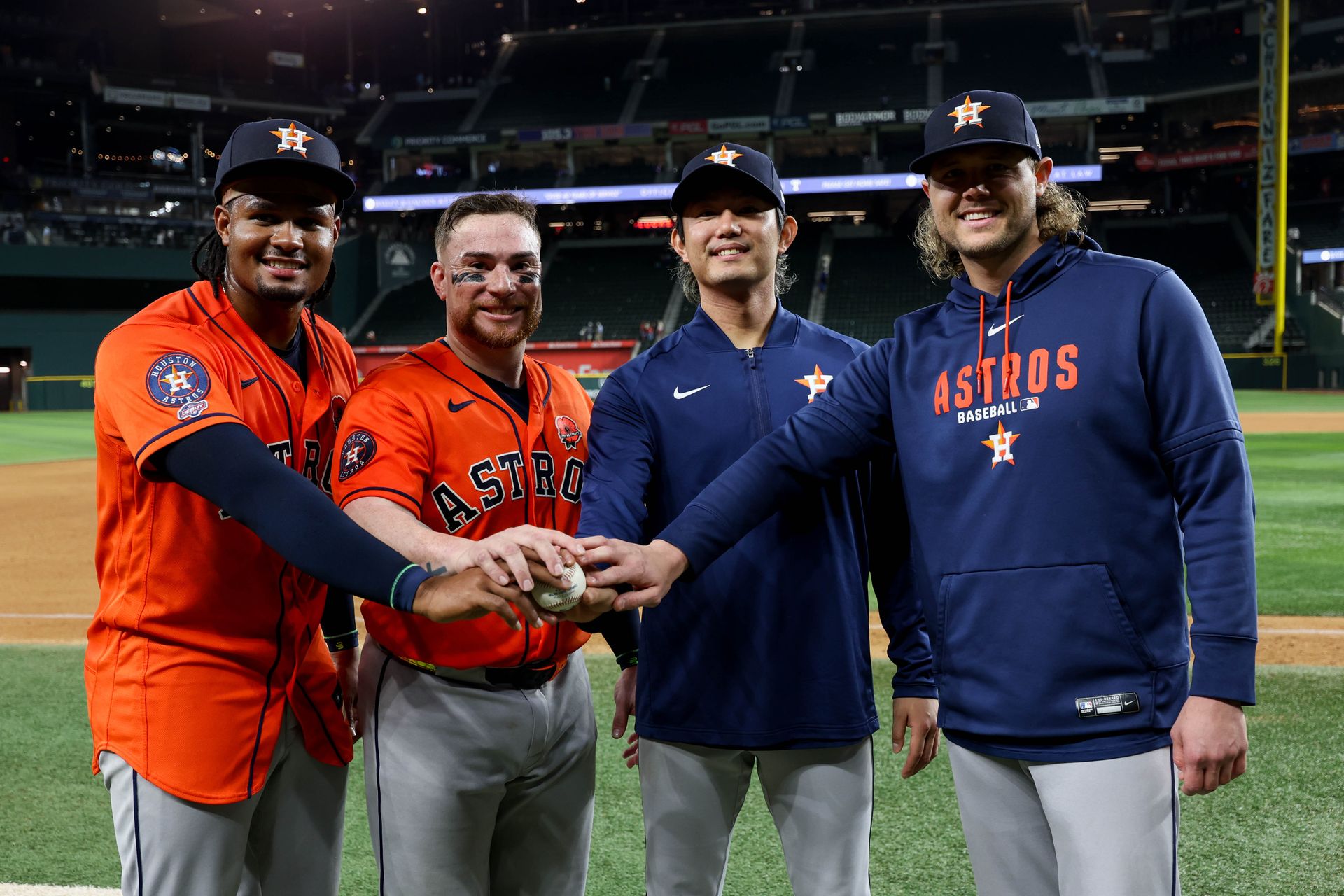Astros pitchers Alimber Santa, Tatsuya Imai and Steven Okert pose with catcher Christian Vázquez after their no-hitter