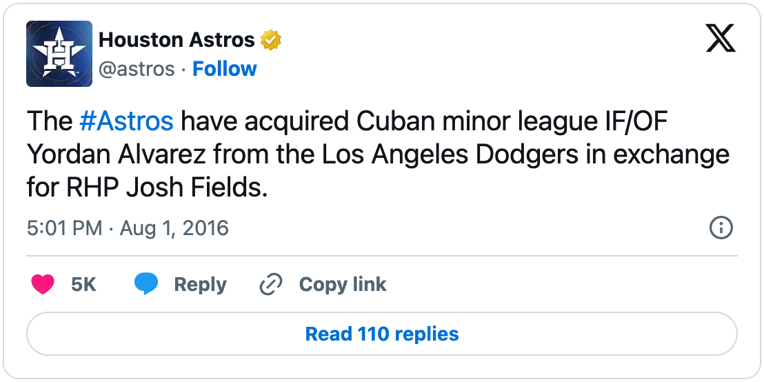 Astros' announcement of Yordan Alvarez trade