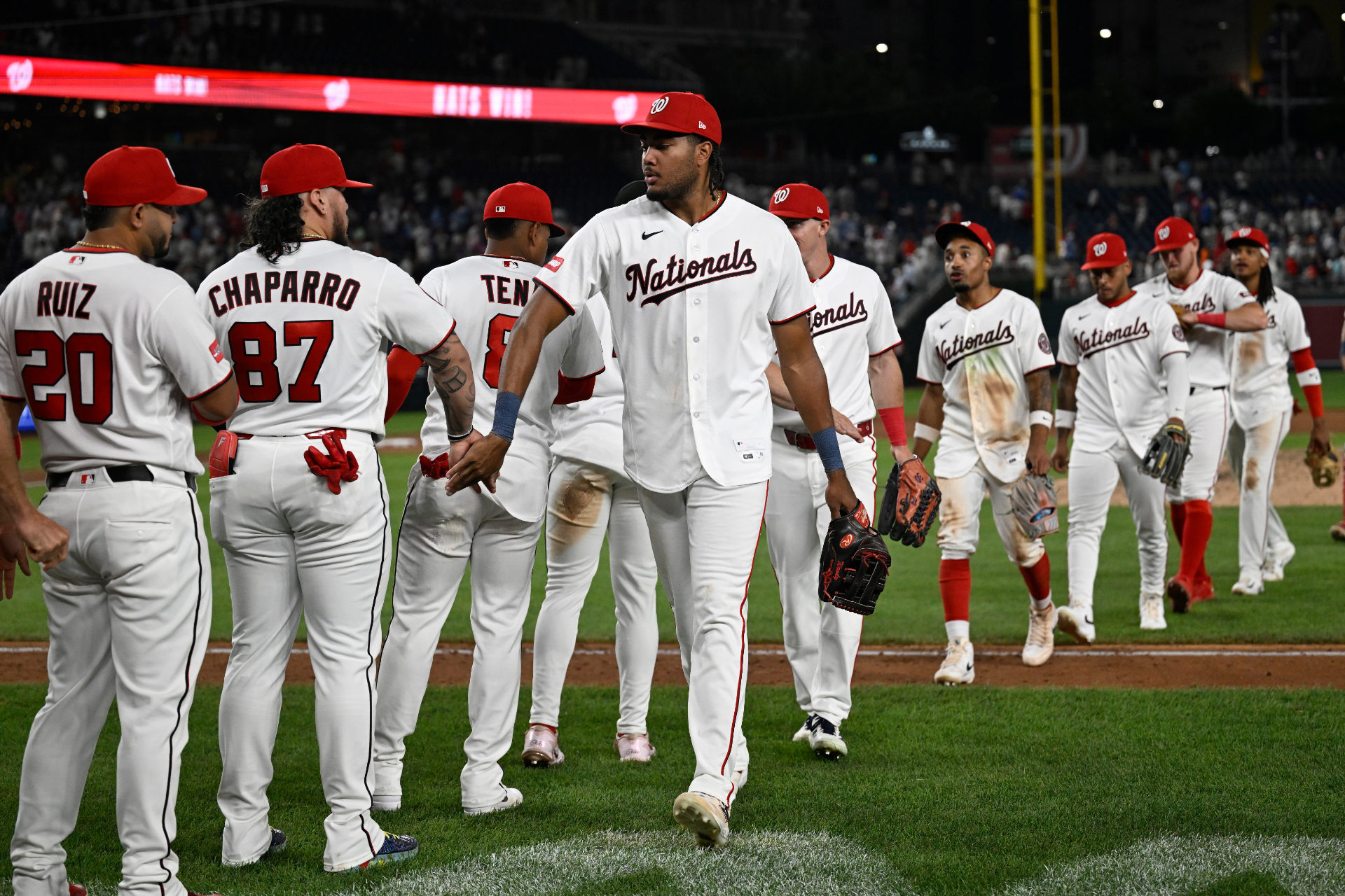 The Nationals celebrate after defeating the Royals on Tuesday night